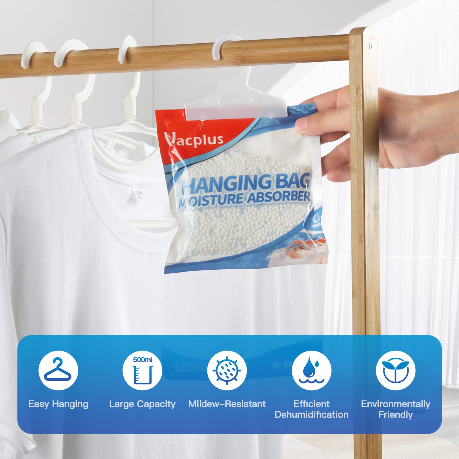 Vacplus hanging in closet protecting clothes from dampness