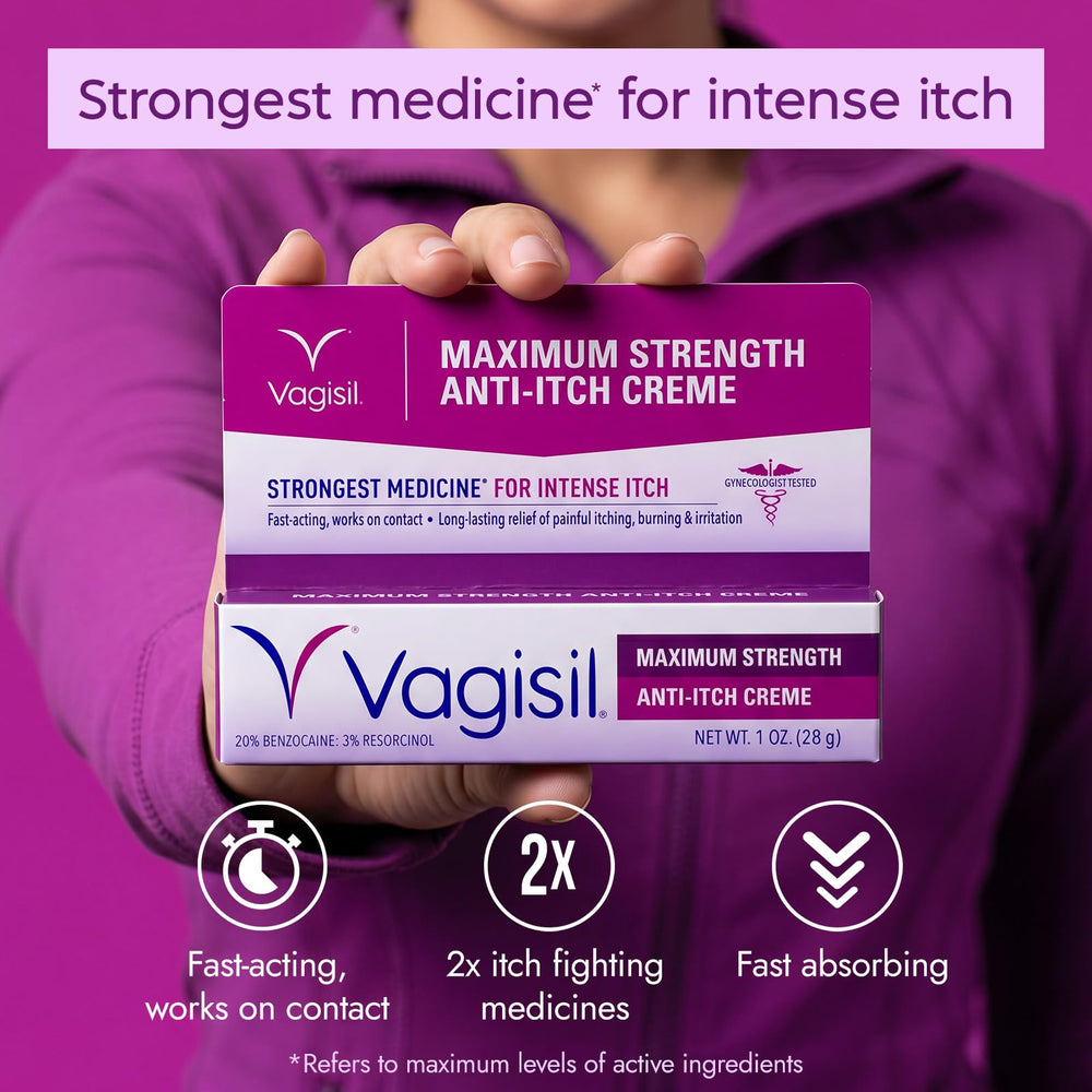 Vagisil tubo abierto con crema visible, beneficio textura calmante