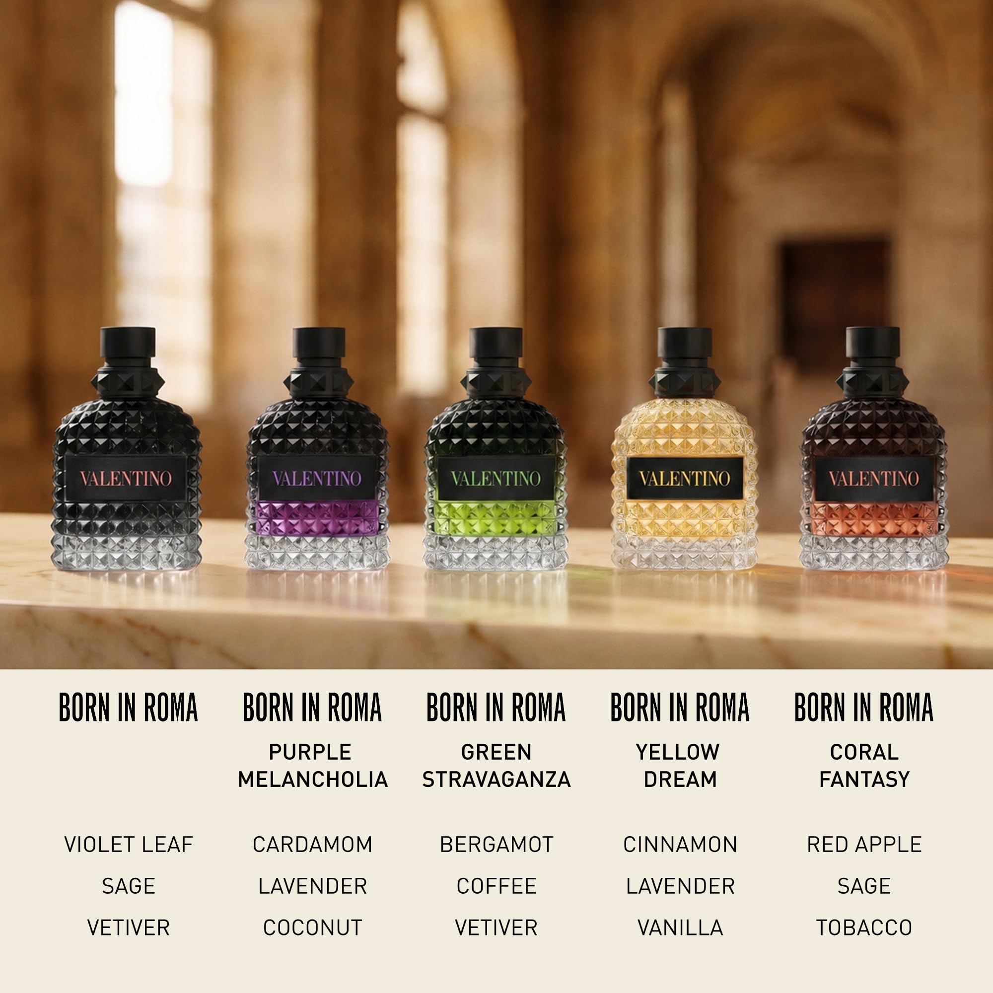 Valentino Uomo ingredientes ilustrados manzana y tabaco destacando la mezcla
