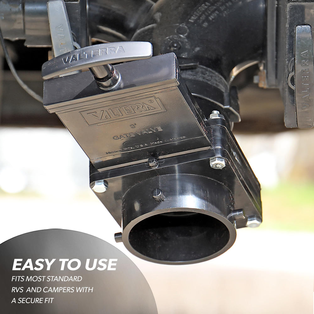 Valterra mounted on RV waste outlet, quick repair and no mess benefit