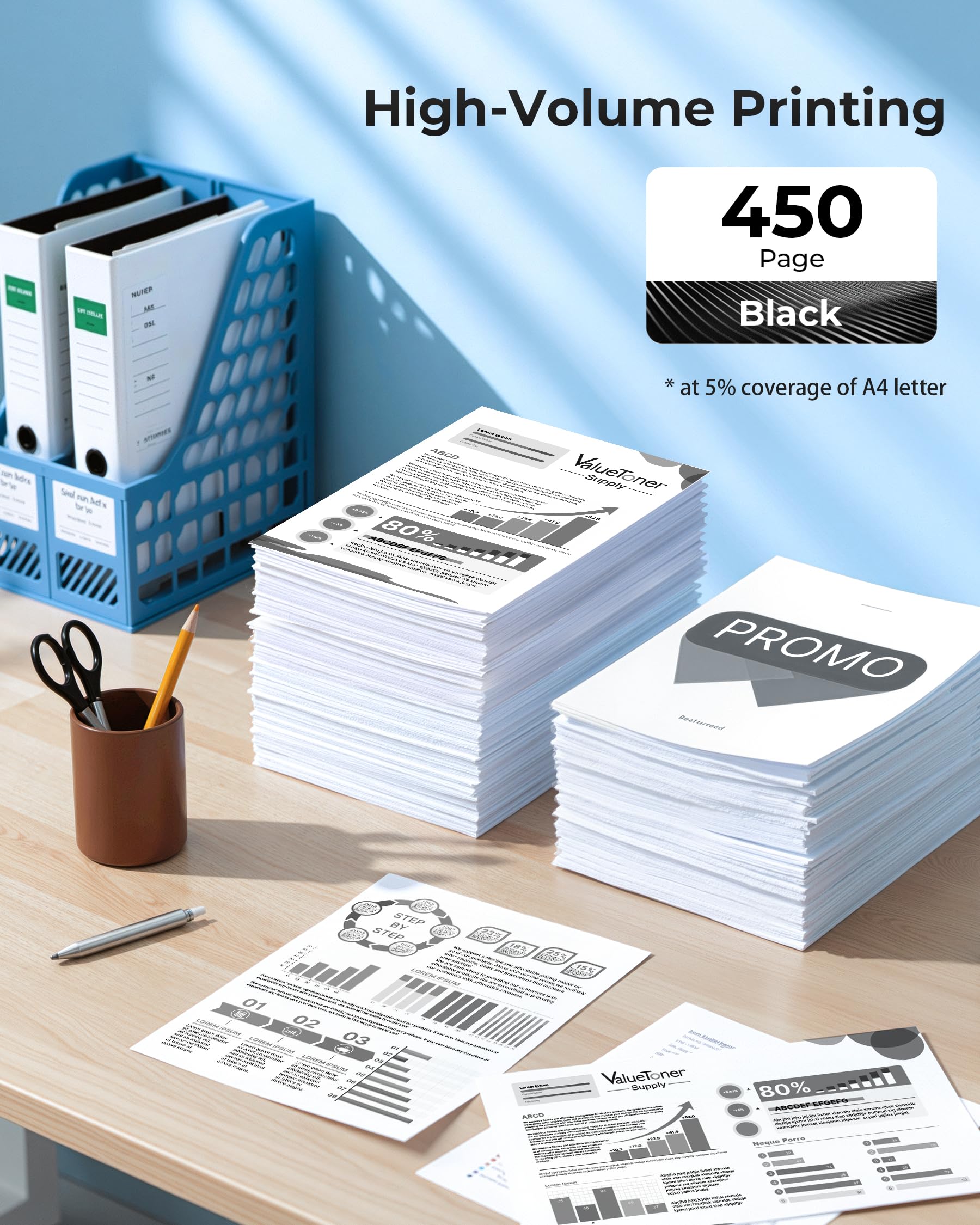 Valuetoner Supply gota de tinta mostrando negro intenso y secado rápido