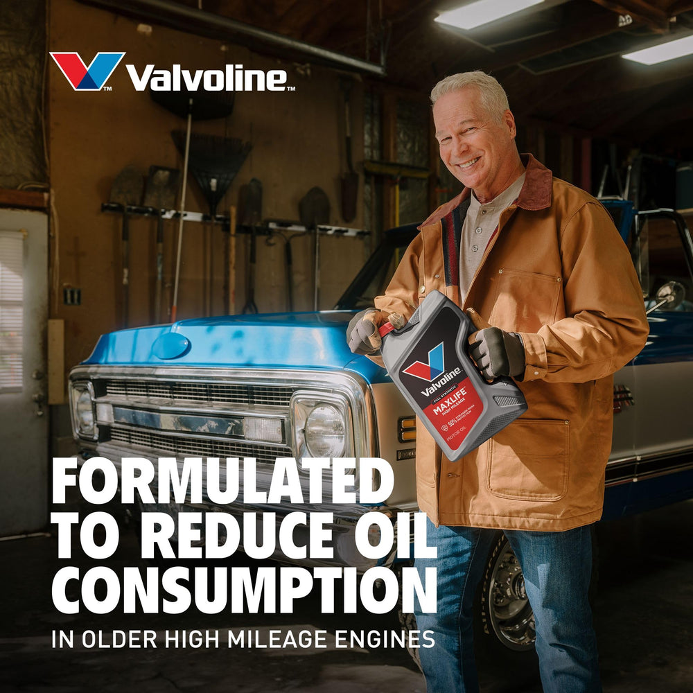 Five-quart Valvoline bottle next to ruler showing size and convenient refill amount