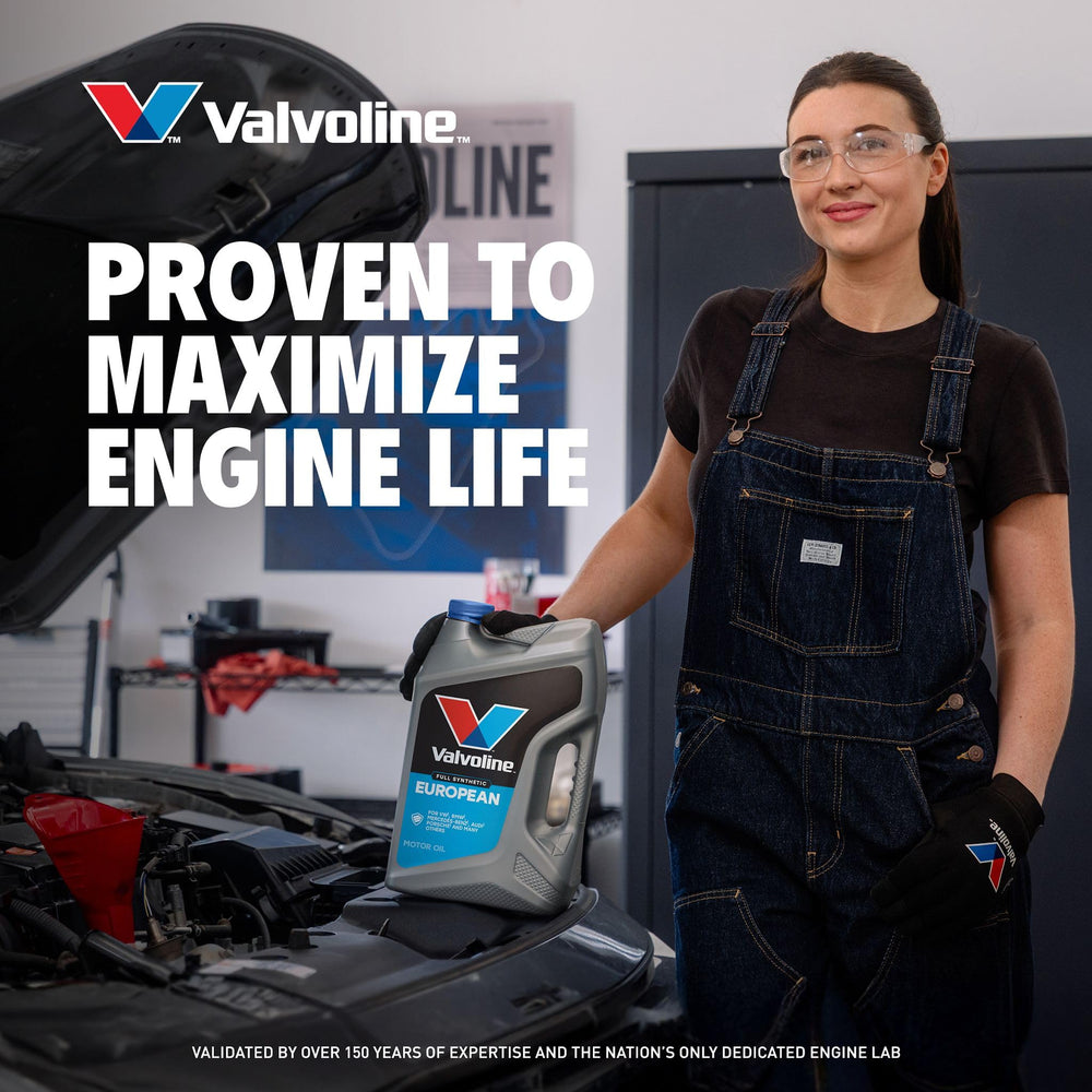 Valvoline bottle in garage setting showing brand trusted for European vehicle care