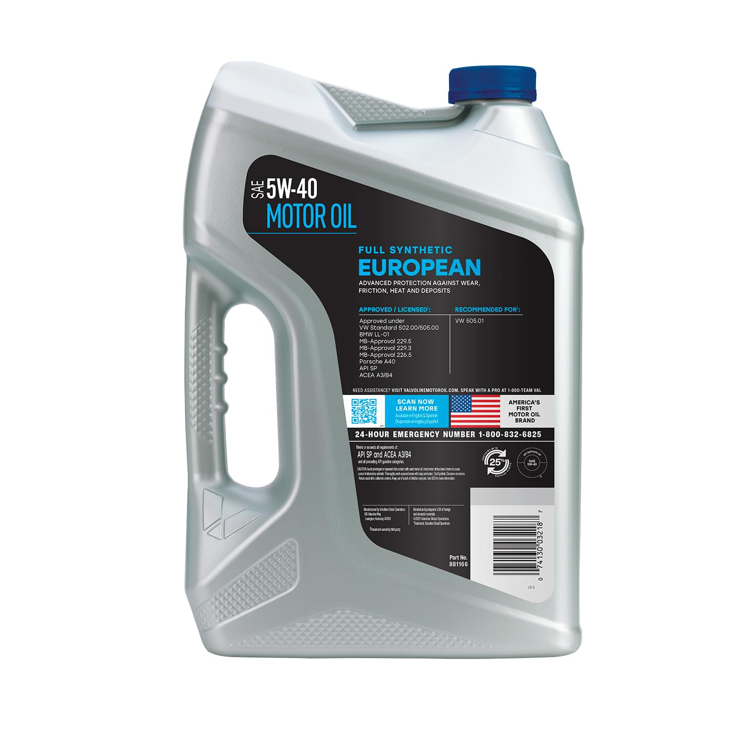 Valvoline bottle side view highlighting pour spout for precise filling and reduced spills