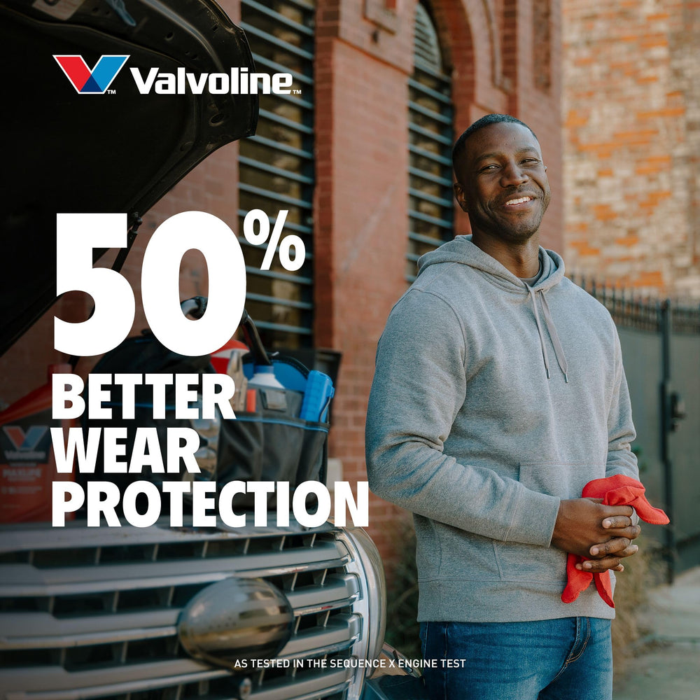 Valvoline bottle pouring into engine bay illustrating easy application and protection
