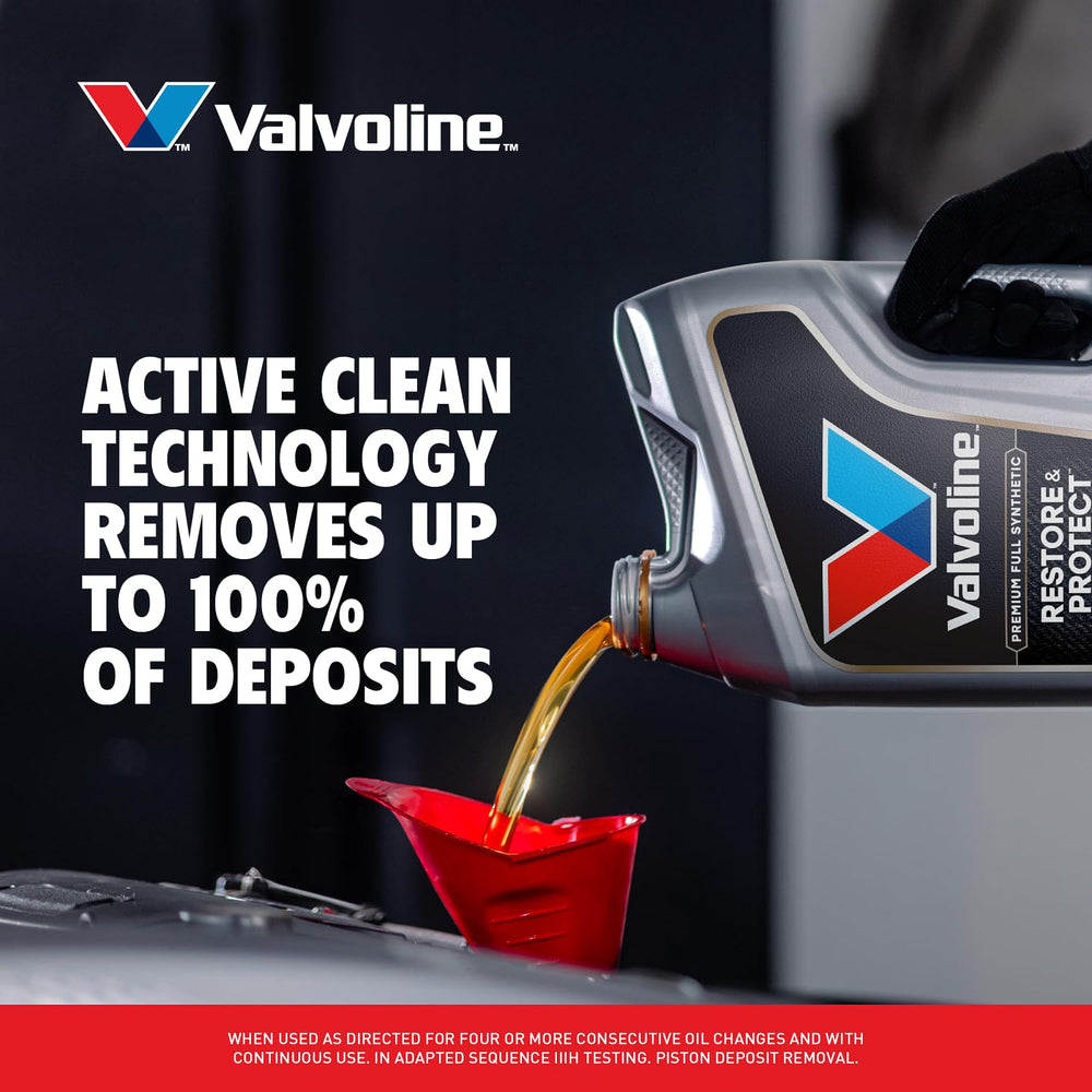 Valvoline envase 5 quart junto a herramientas para comparar tamaño y capacidad