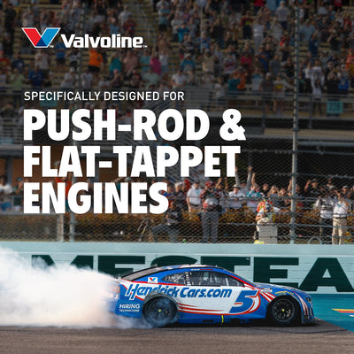Valvoline VR1 pouring into engine oil filler demonstrating smooth application benefit