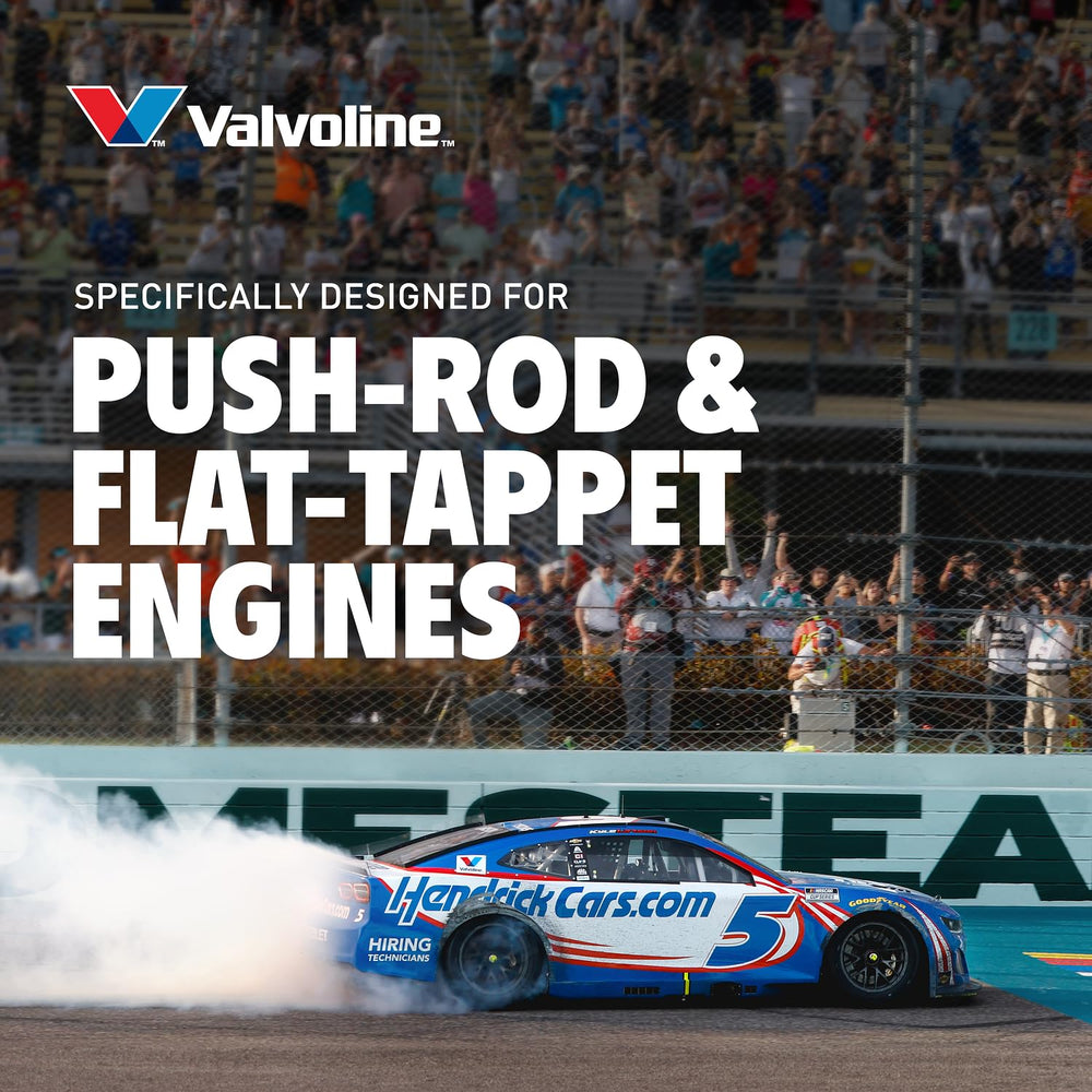 Valvoline VR1 pouring into engine oil filler demonstrating smooth application benefit
