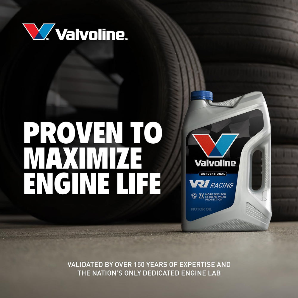 Valvoline VR1 bottle in a race garage setting suggesting motorsports-ready performance