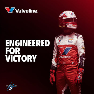 Valvoline VR1 bottle beside a spec sheet showing API SL compatibility and formula benefits