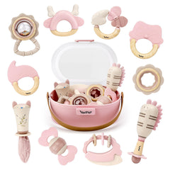 Vanplay front packaging showing 10-piece pink rattle set and tidy storage benefit