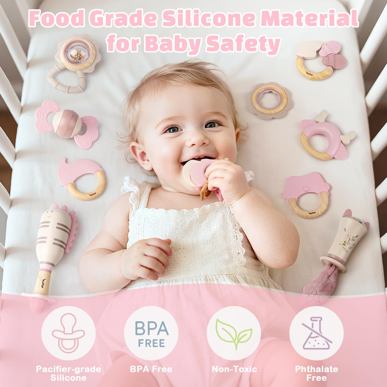 Vanplay teether in use showing safe chewing and teething comfort for baby