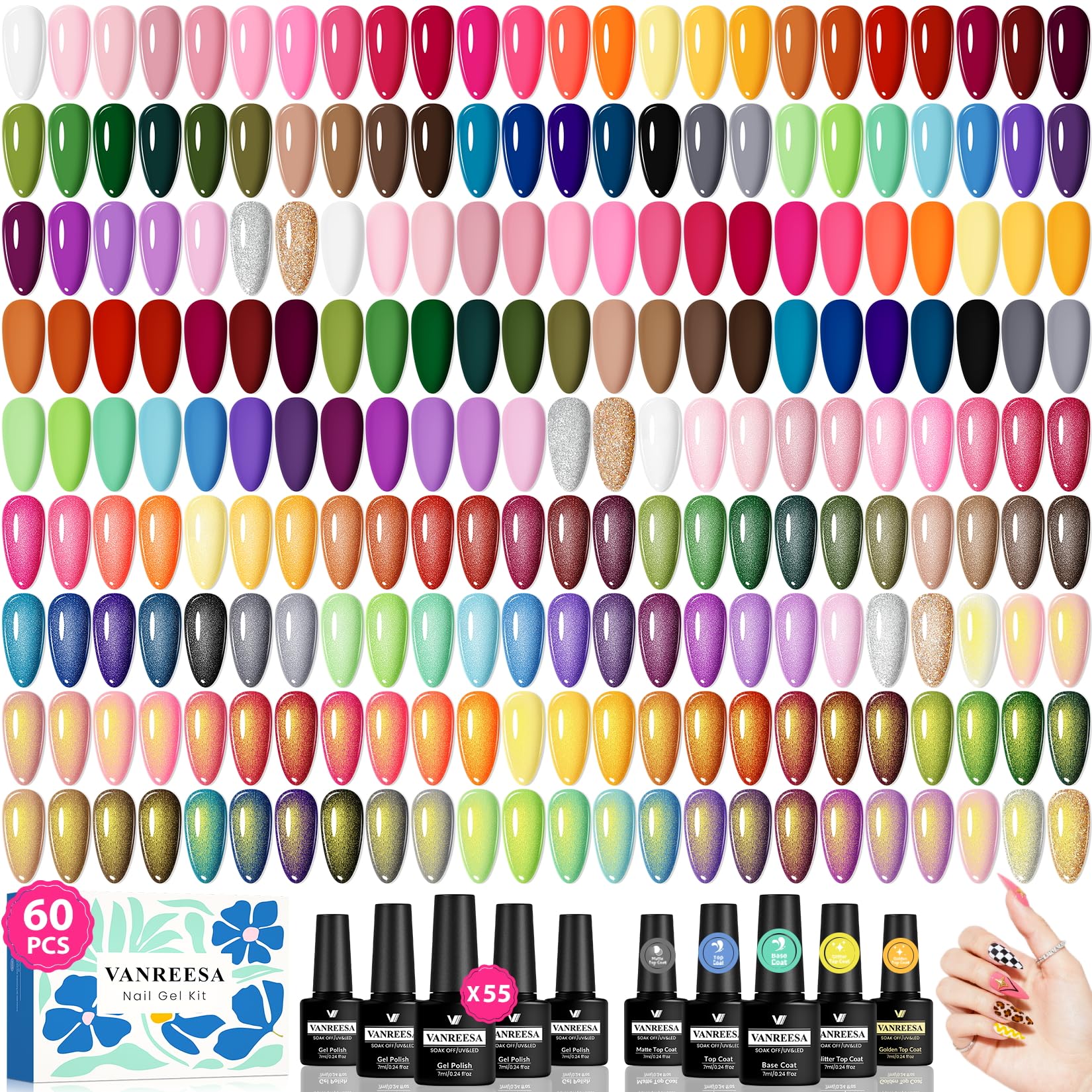 VANREESA set frontal mostrando 55 colores y top coats para variedad creativa