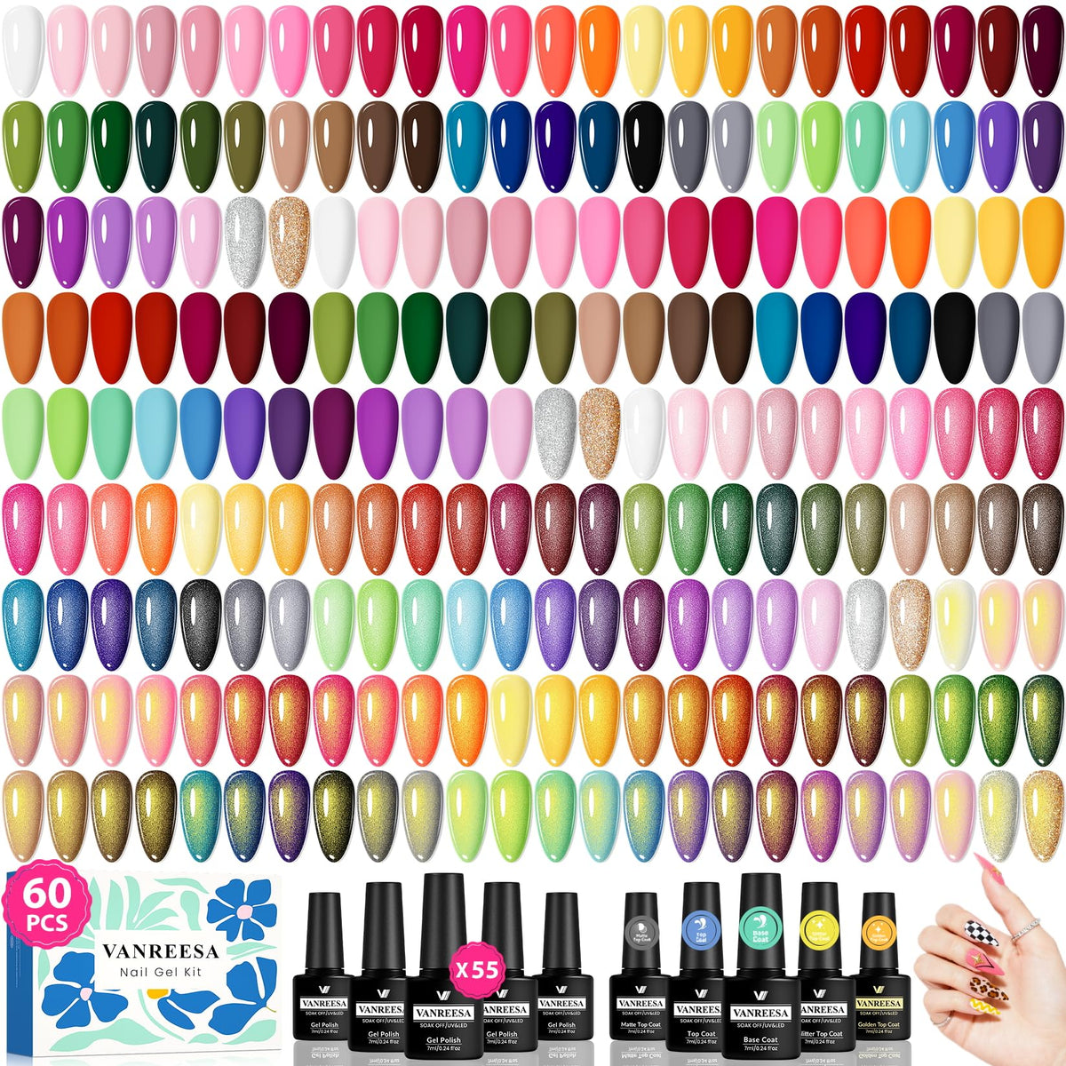 VANREESA set frontal mostrando 55 colores y top coats para variedad creativa