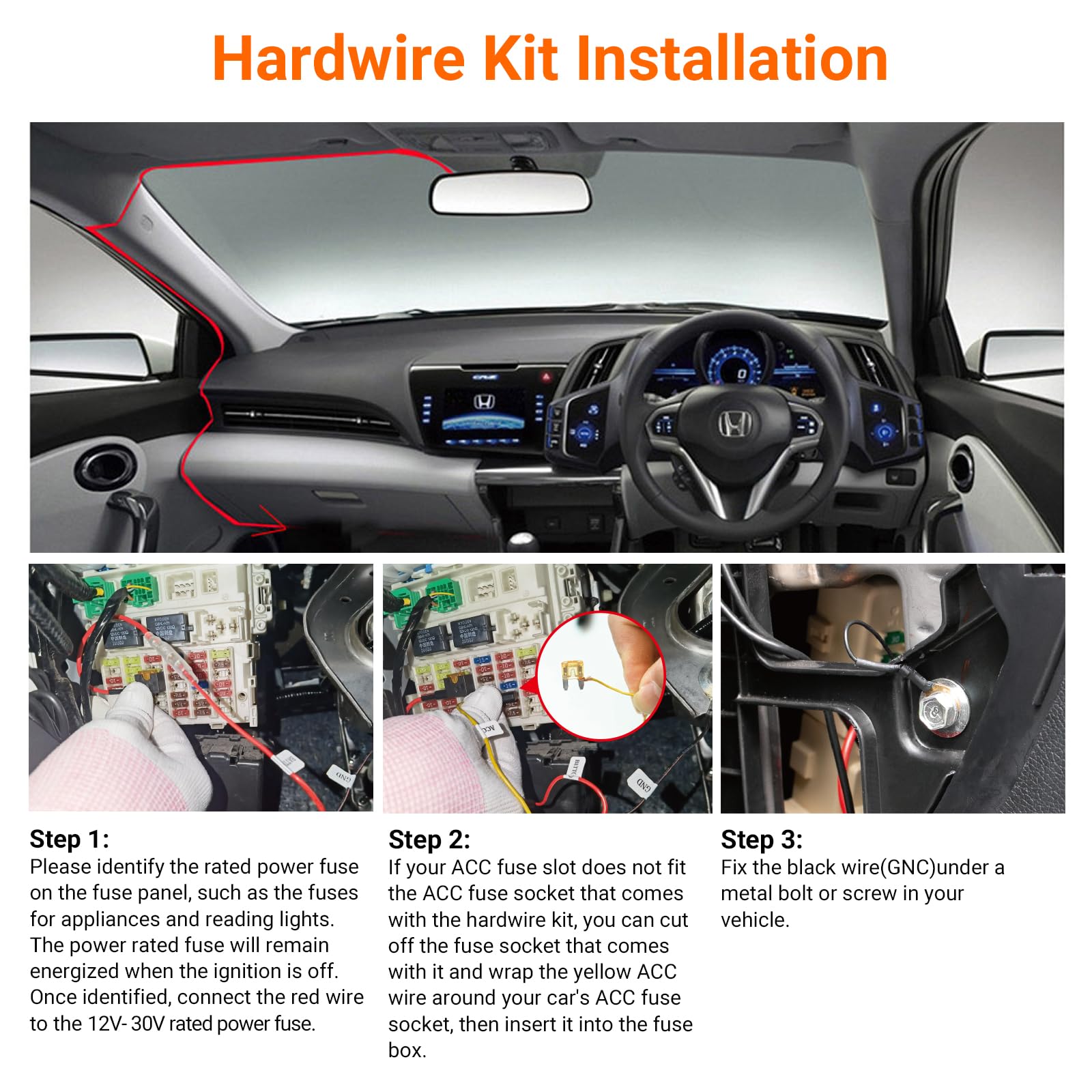 VANTRUE ACC fuse tap closeup highlighting easy ignition sensing and parking mode switching