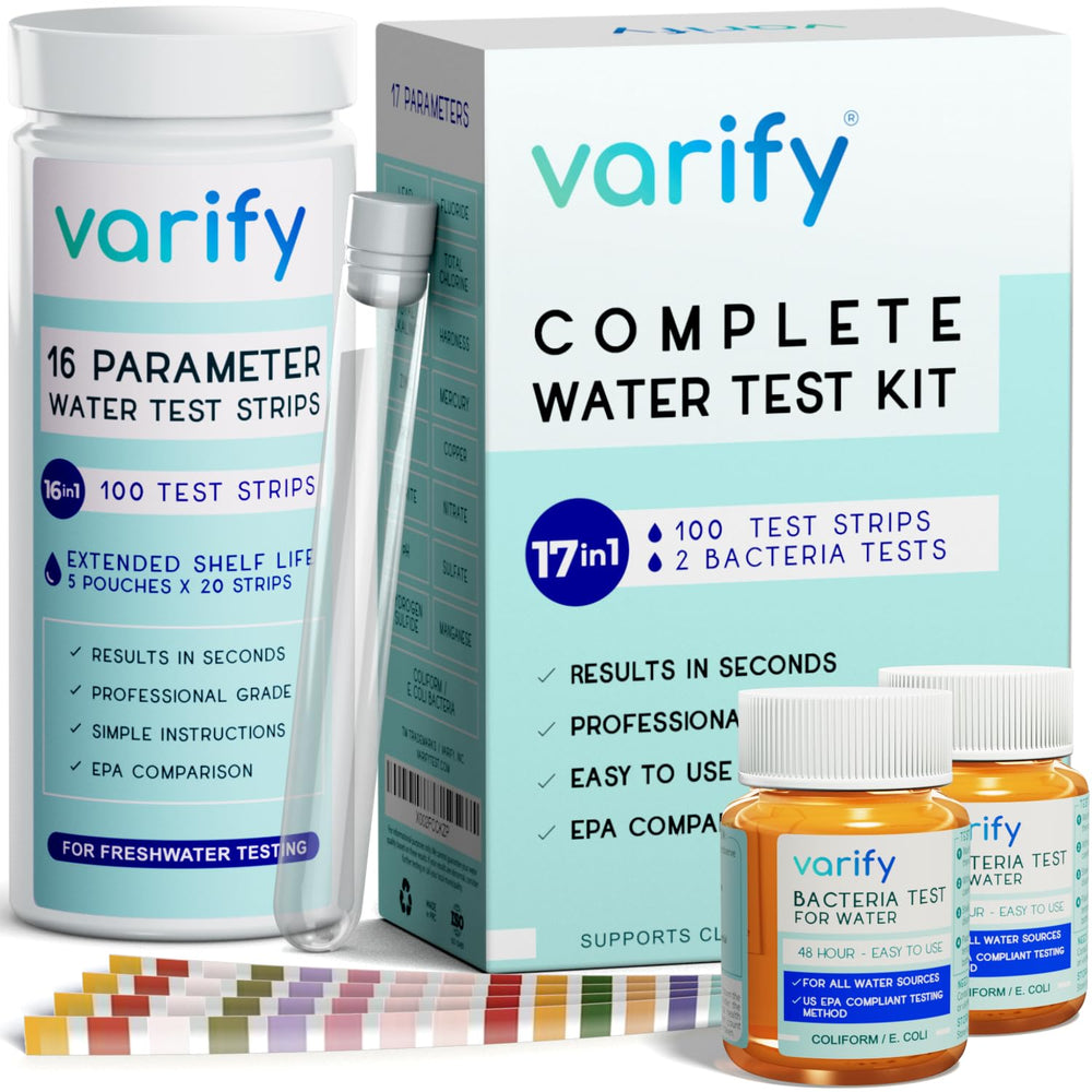 Varify frontal del paquete mostrando conteo y parámetros, confianza inmediata