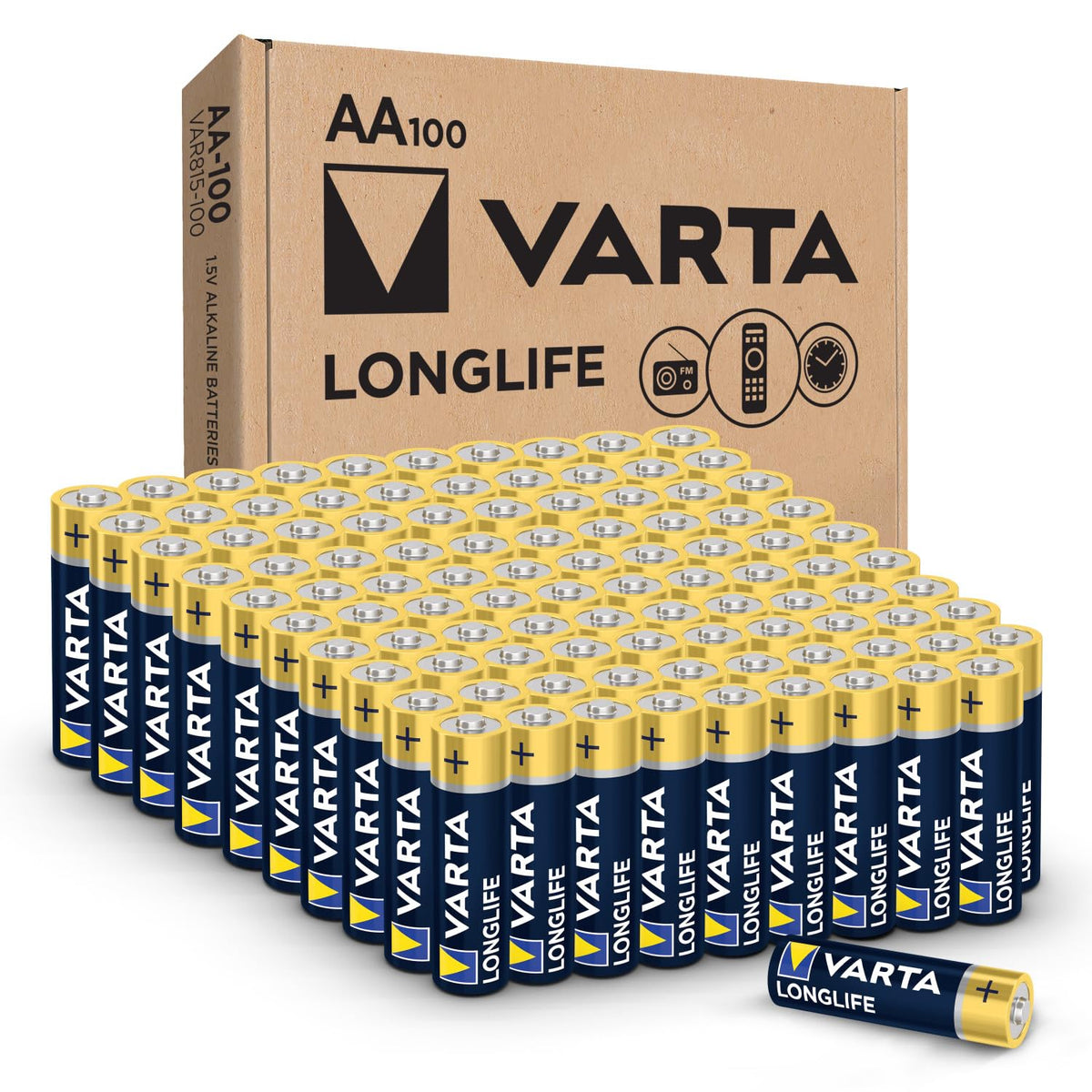 VARTA paquete delantero mostrando 100 pilas AA para almacenamiento prolongado