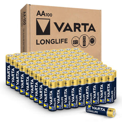 VARTA paquete delantero mostrando 100 pilas AA para almacenamiento prolongado