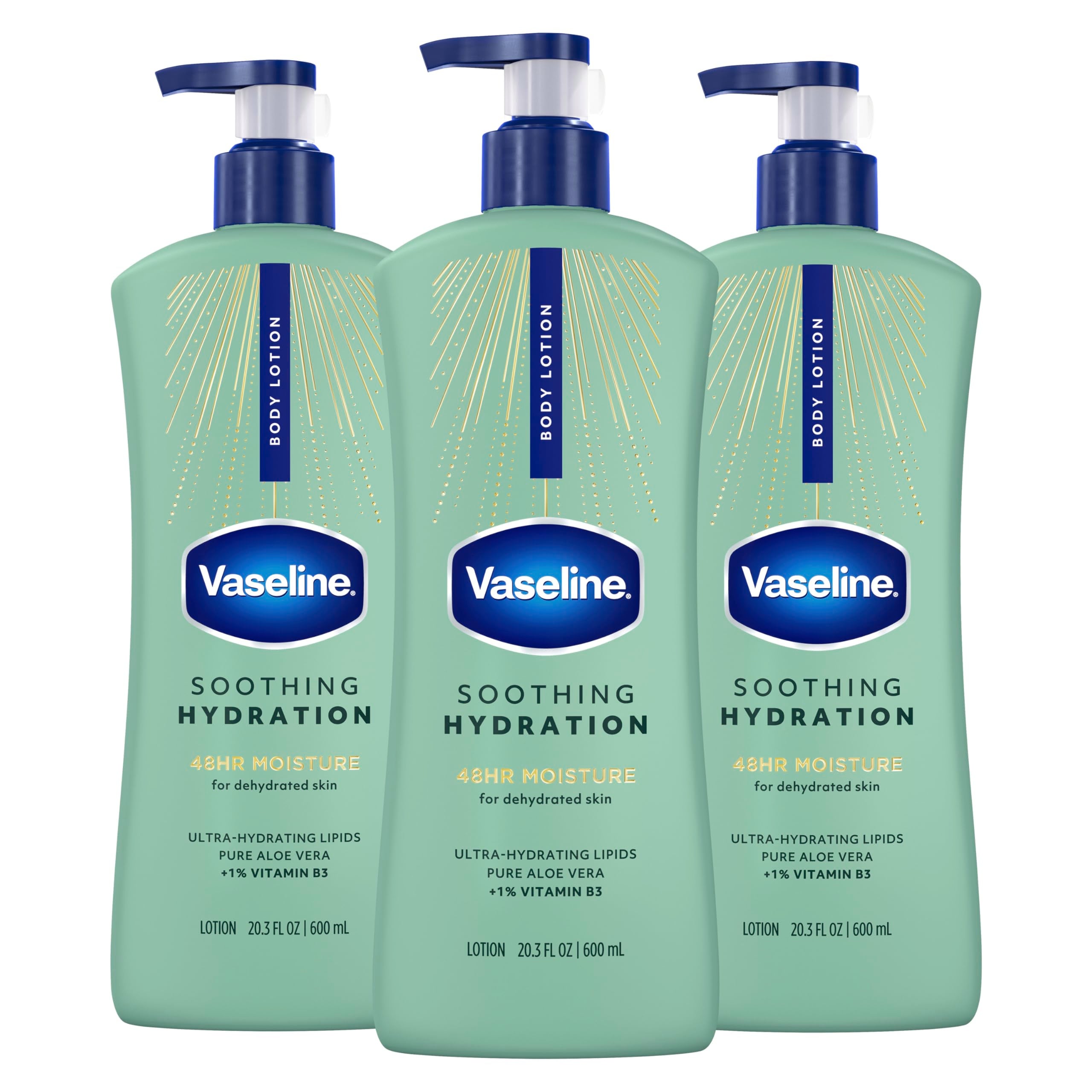 Vaseline front packaging showing 20.3 oz 3-pack and product benefits