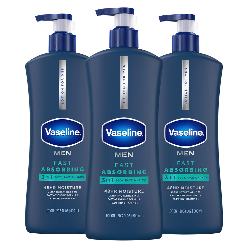 Vaseline front packaging of three 20.3 oz bottles showing value pack benefit