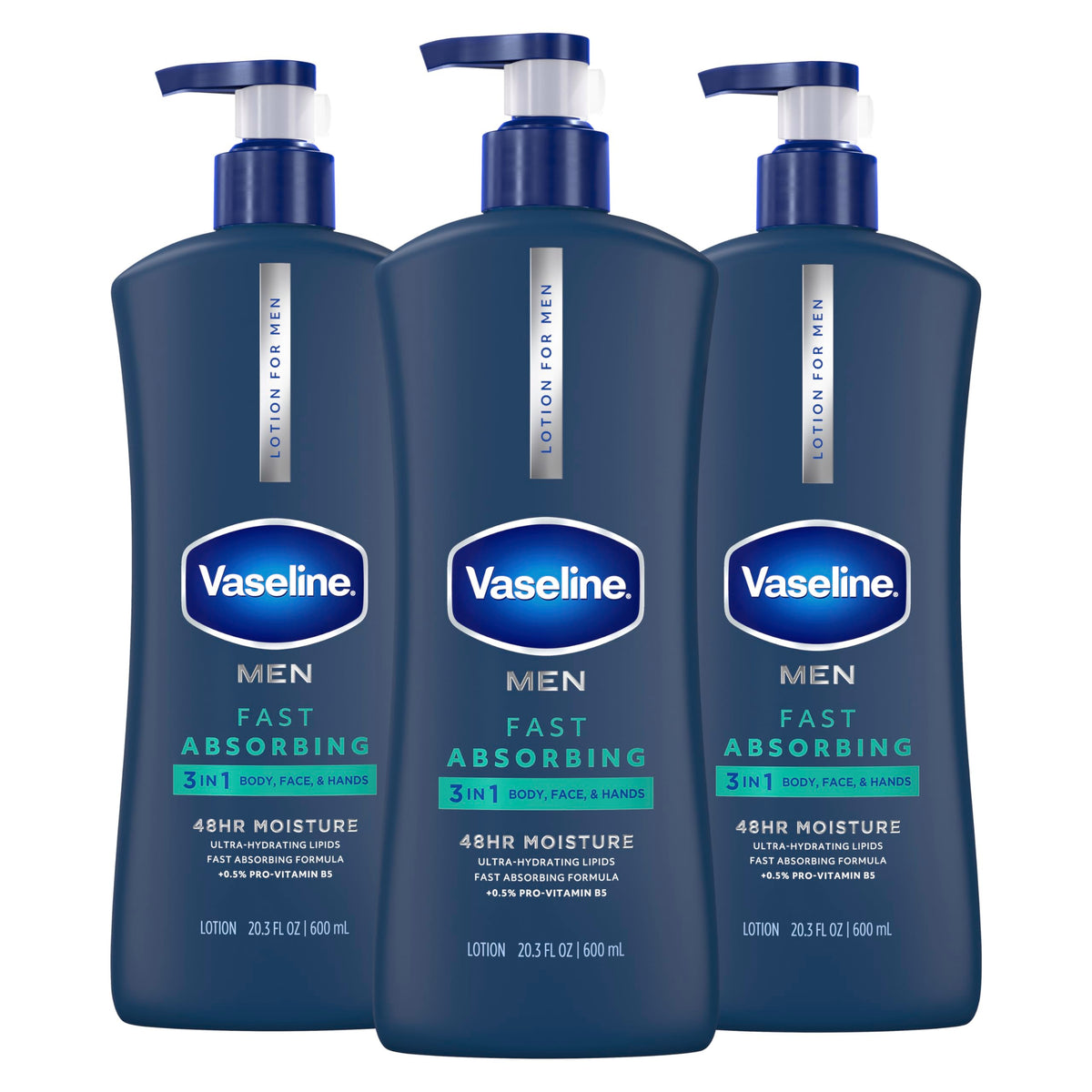 Vaseline front packaging of three 20.3 oz bottles showing value pack benefit