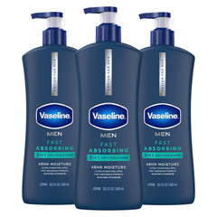 Vaseline front packaging of three 20.3 oz bottles showing value pack benefit