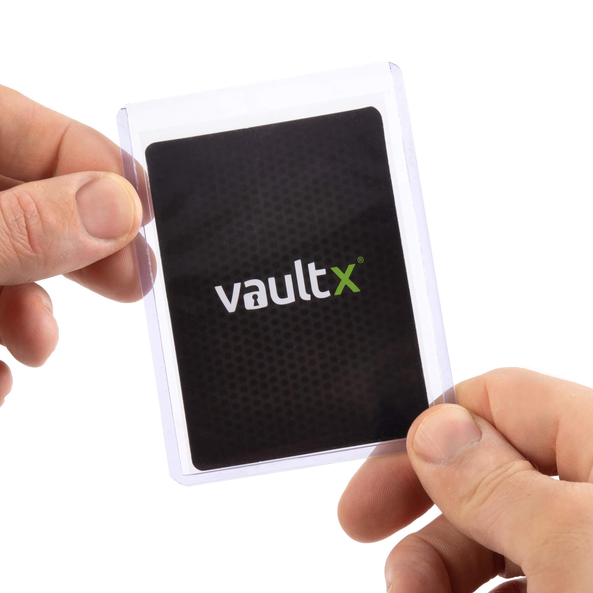 Vault X toploader beside a standard card illustrating sizing fit