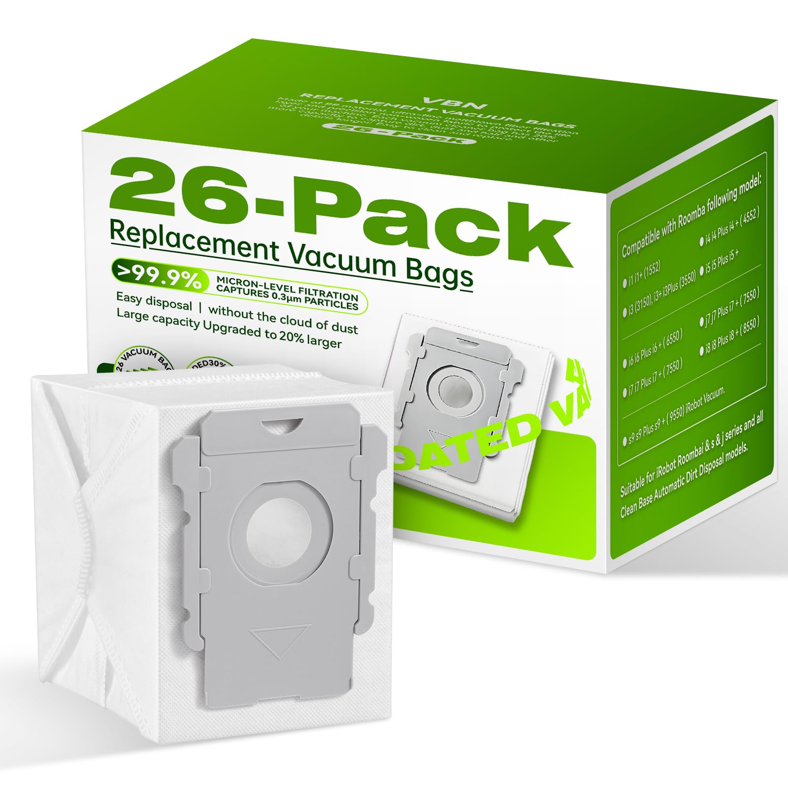 VBN paquete frontal 26 bolsas mostrando cantidad y compatibilidad, práctico y duradero