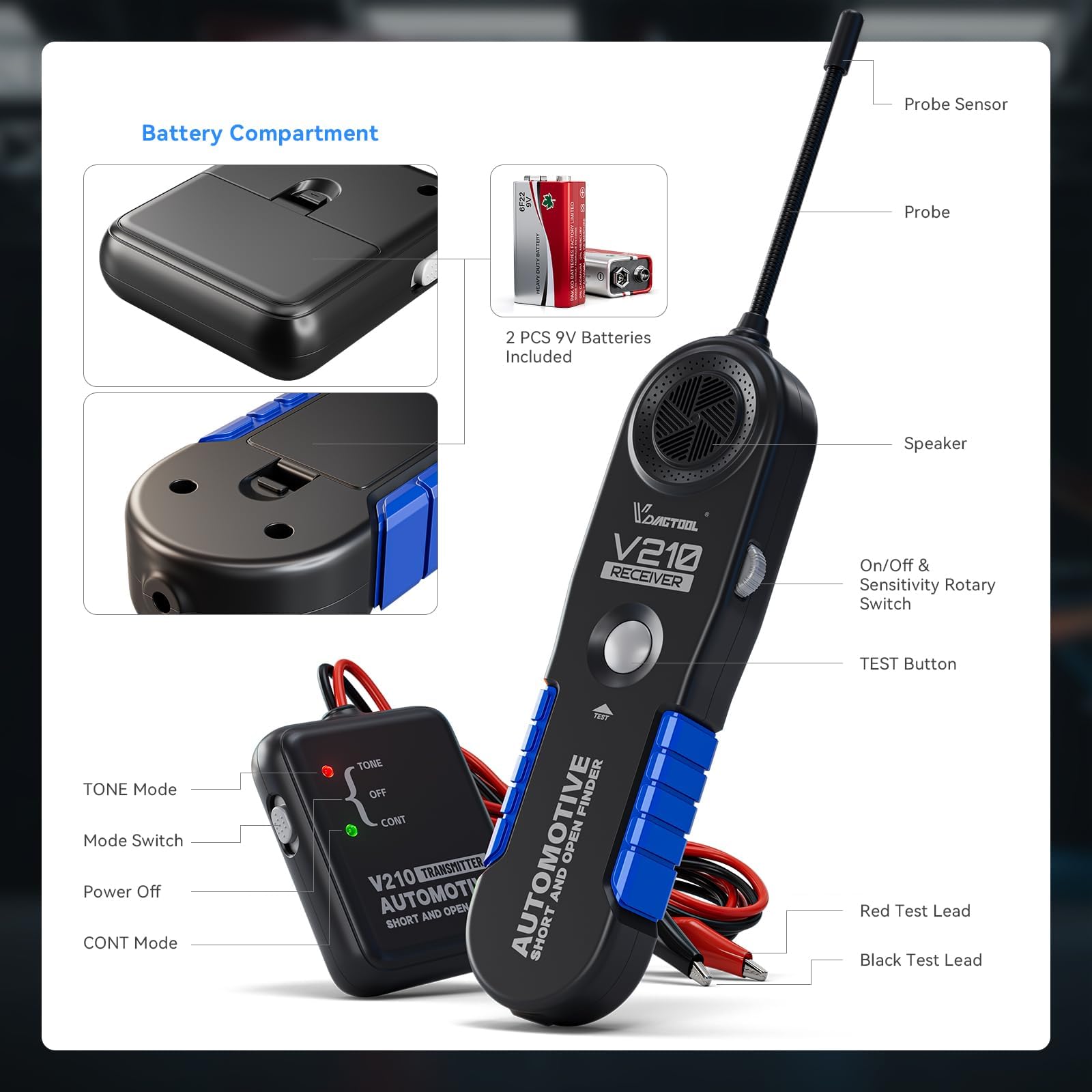 VDIAGTOOL V210 paquete con pilas 9V incluidas listo para uso inmediato