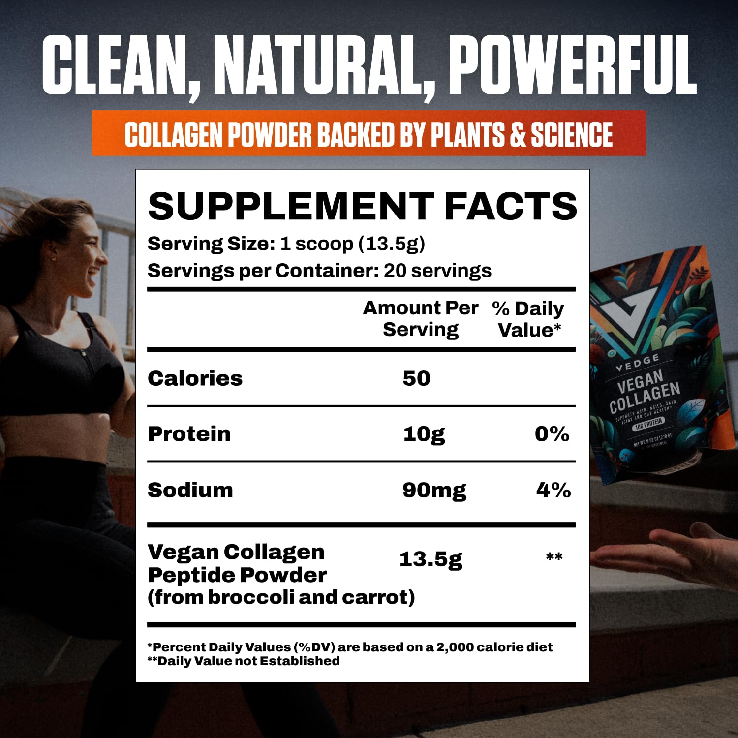 VEDGE cuchara con polvo midiendo 13.5 g de proteína por porción