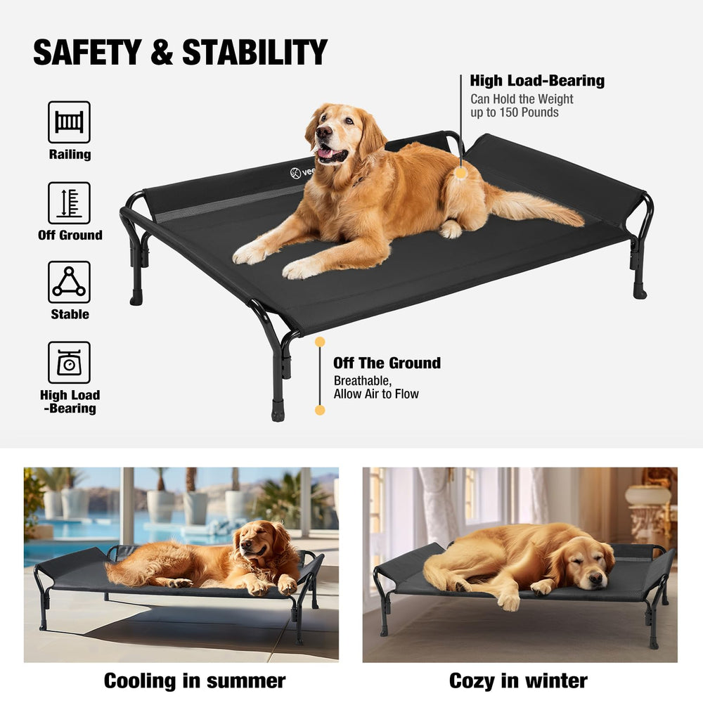 Veehoo cama junto a un perro para mostrar escala y ajuste de tamaño