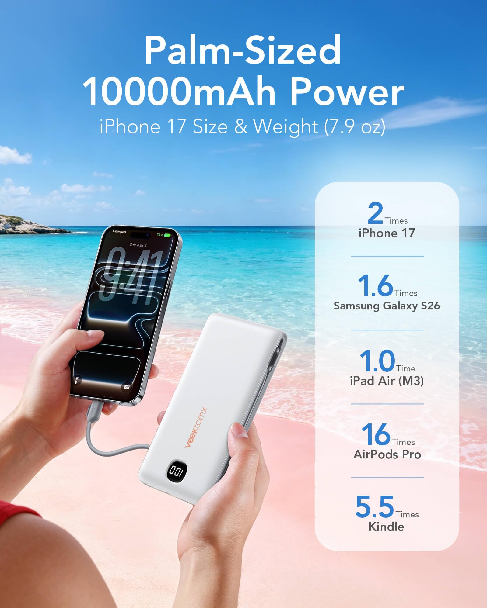 VEEKTOMX textura y bordes del power bank, acabado resistente y ergonómico