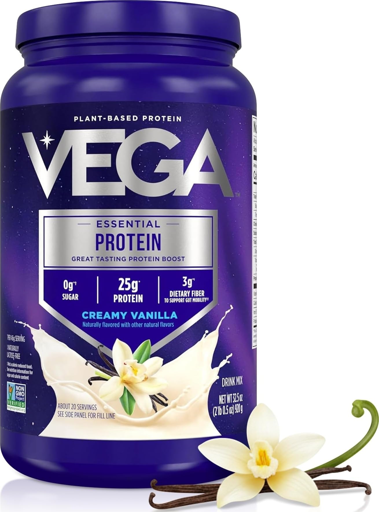 Vega bote frontal Vainilla Cremosa mostrando etiqueta y beneficio nutricional