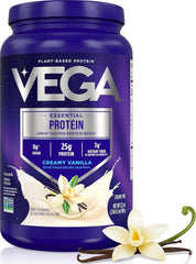 Vega bote frontal Vainilla Cremosa mostrando etiqueta y beneficio nutricional