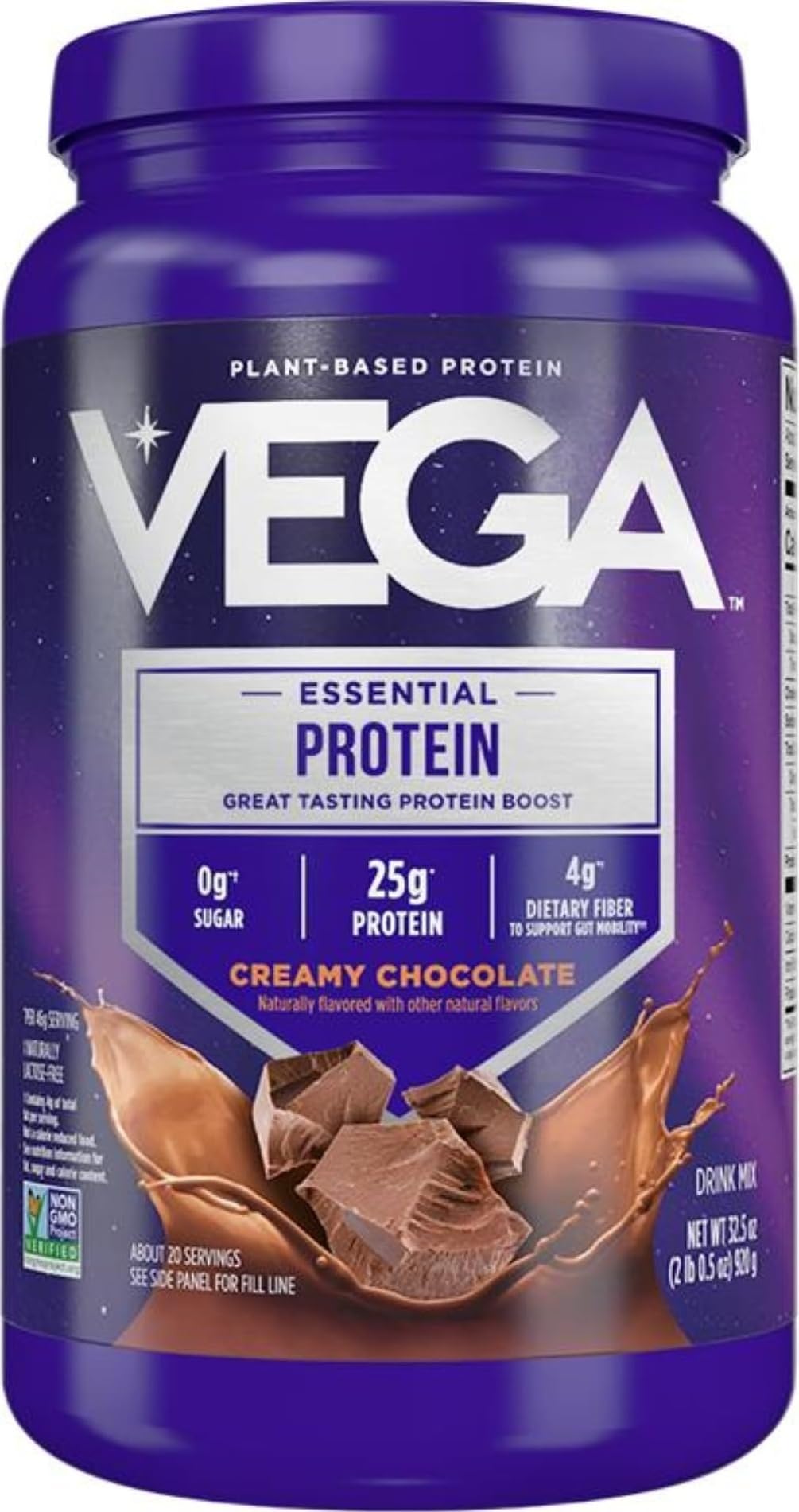 Vega Essential frontal del tubo mostrando el tamaño y el sabor chocolate