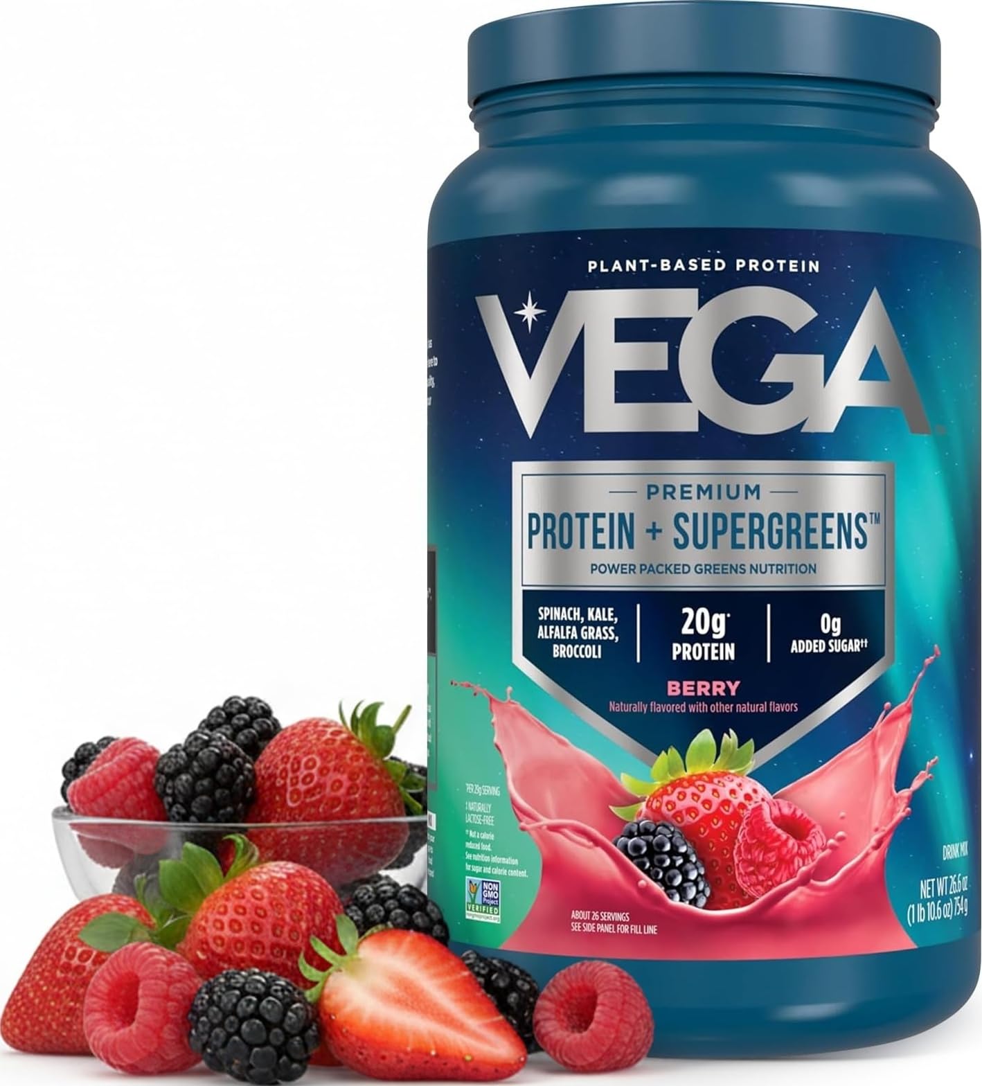 Vega recipiente frontal mostrando diseño y sabor berry para fácil identificación