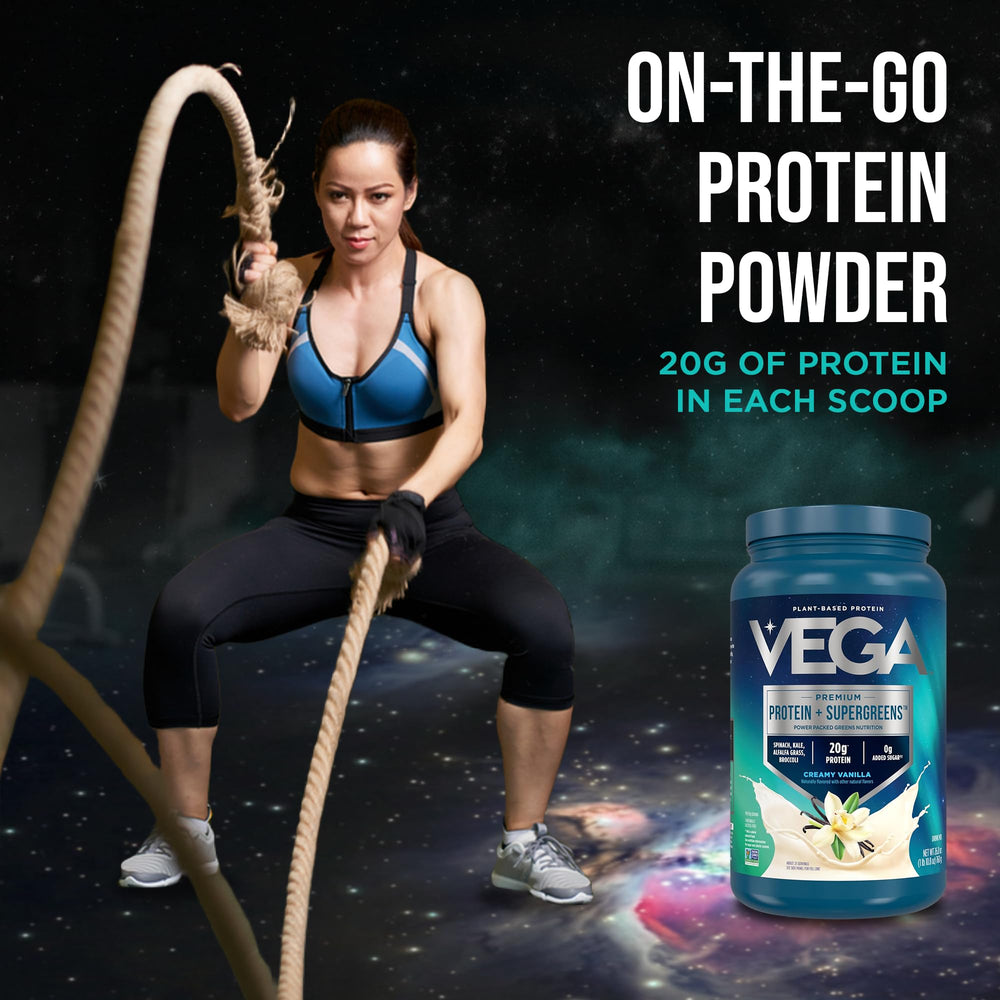 Vega powder blended into smoothie bowl adding greens and protein