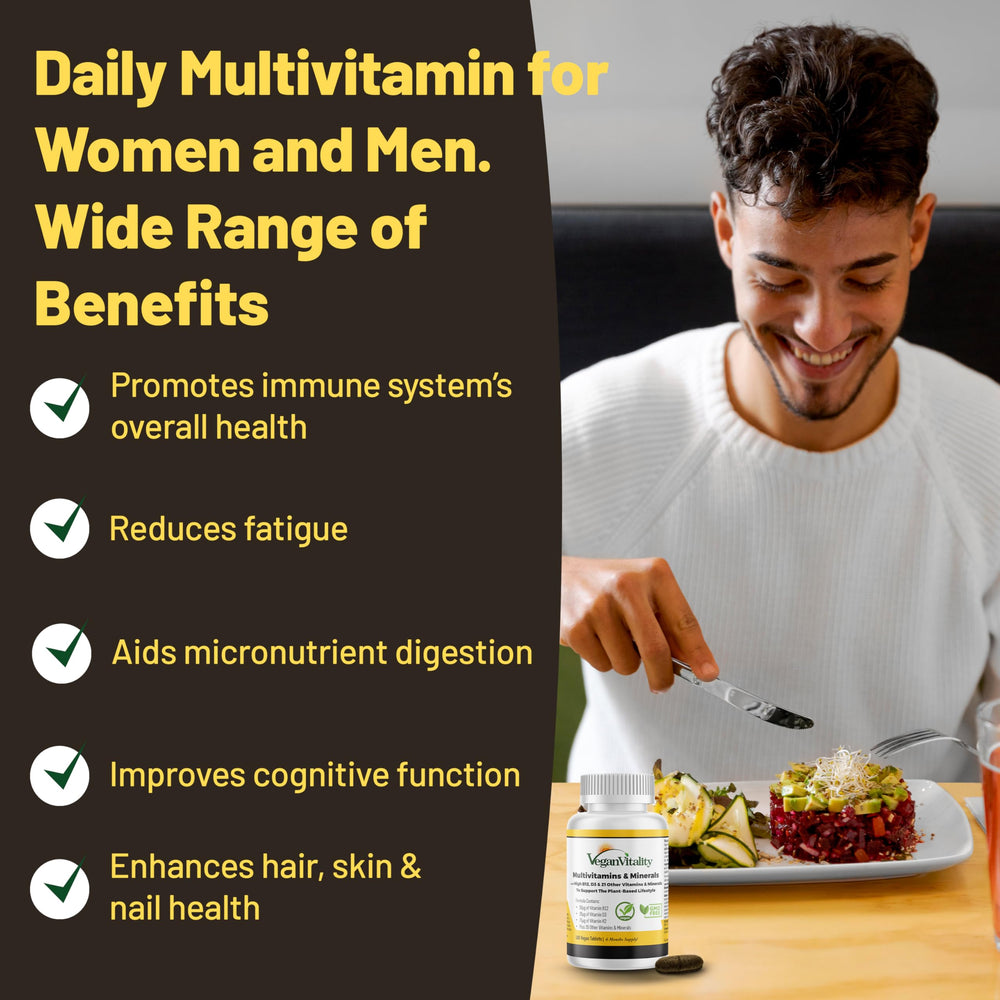 Vegan Vitality tabletas en mano mostrando tamaño y facilidad de toma