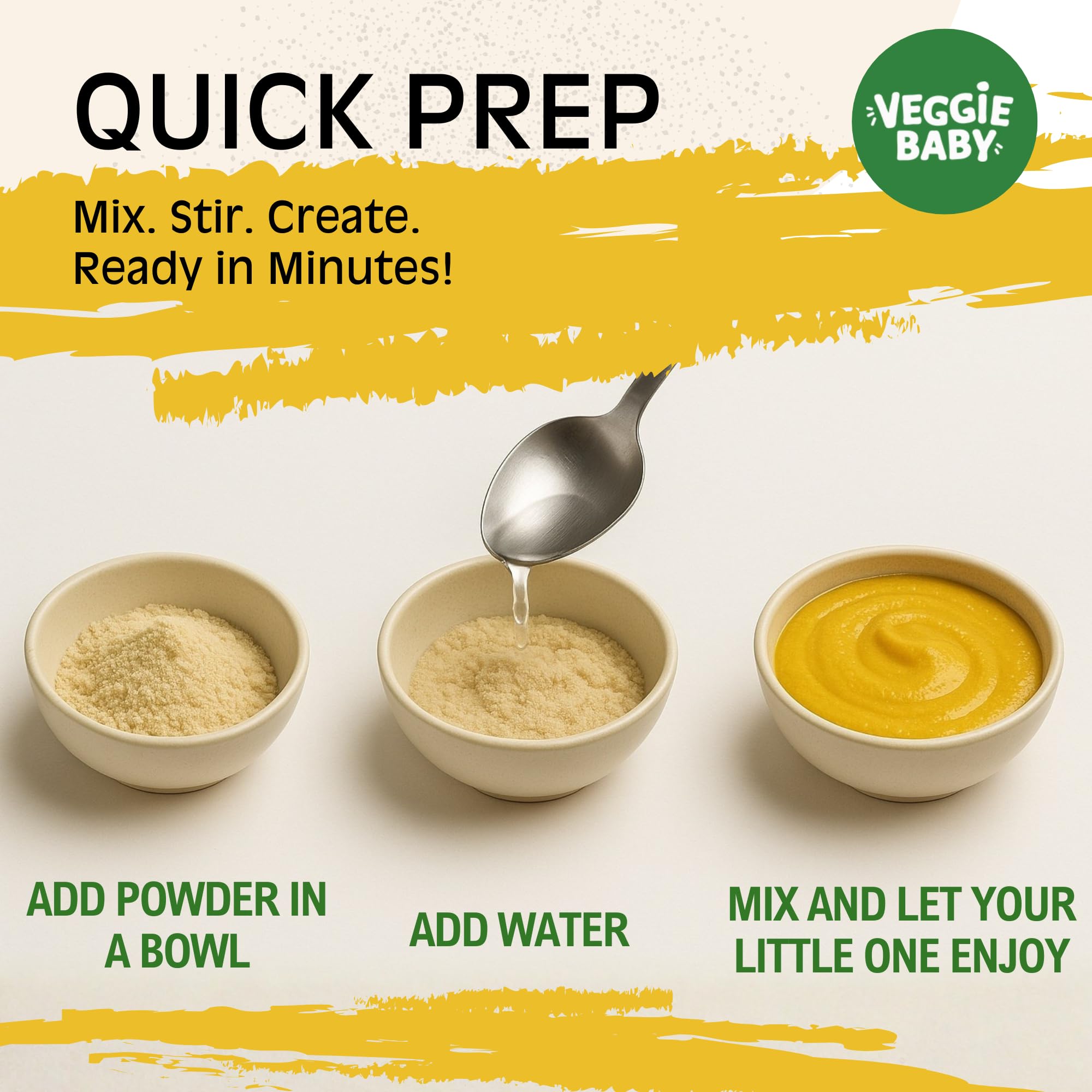Veggie Baby mixing bowl with water and powder being stirred for quick prep