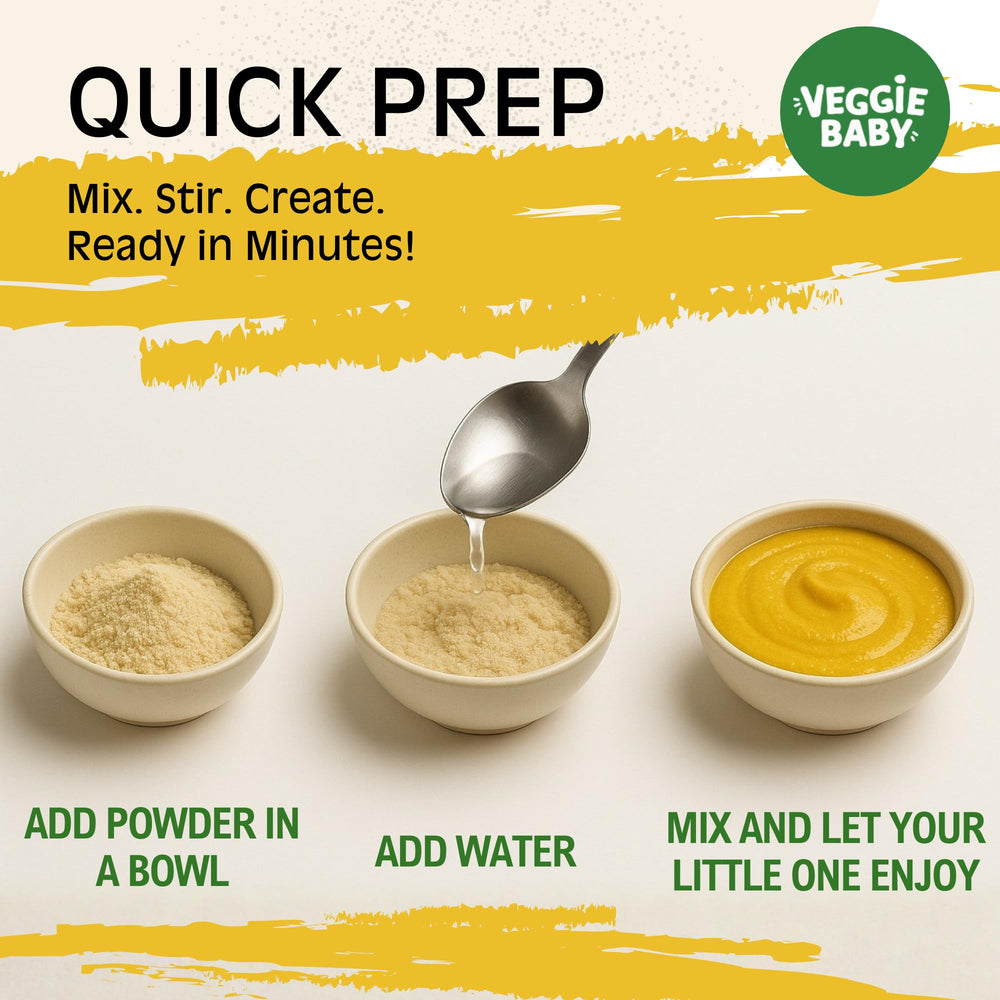 Veggie Baby mixing bowl with water and powder being stirred for quick prep