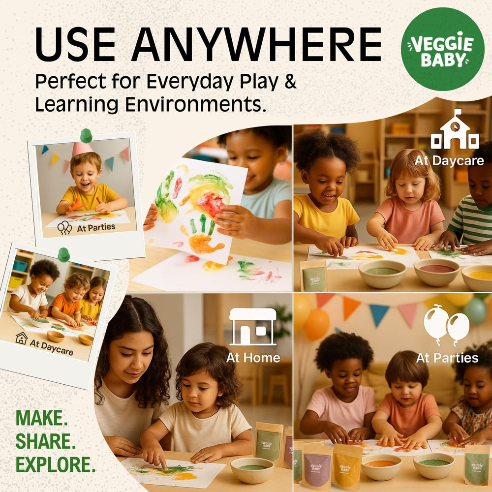Veggie Baby playroom session with toddler using paint and easy cleanup setup