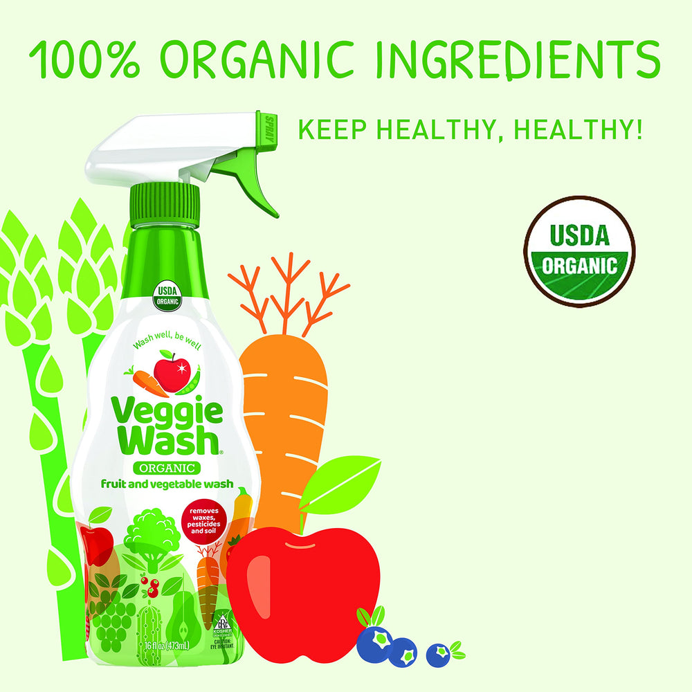 Veggie Wash en cocina con fruta fresca resaltando limpieza lista para comer