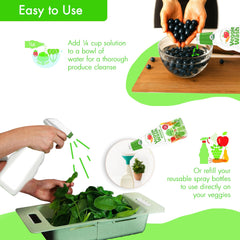 Veggie Wash en uso enjuagando fresas para eliminar ceras y residuos visibles