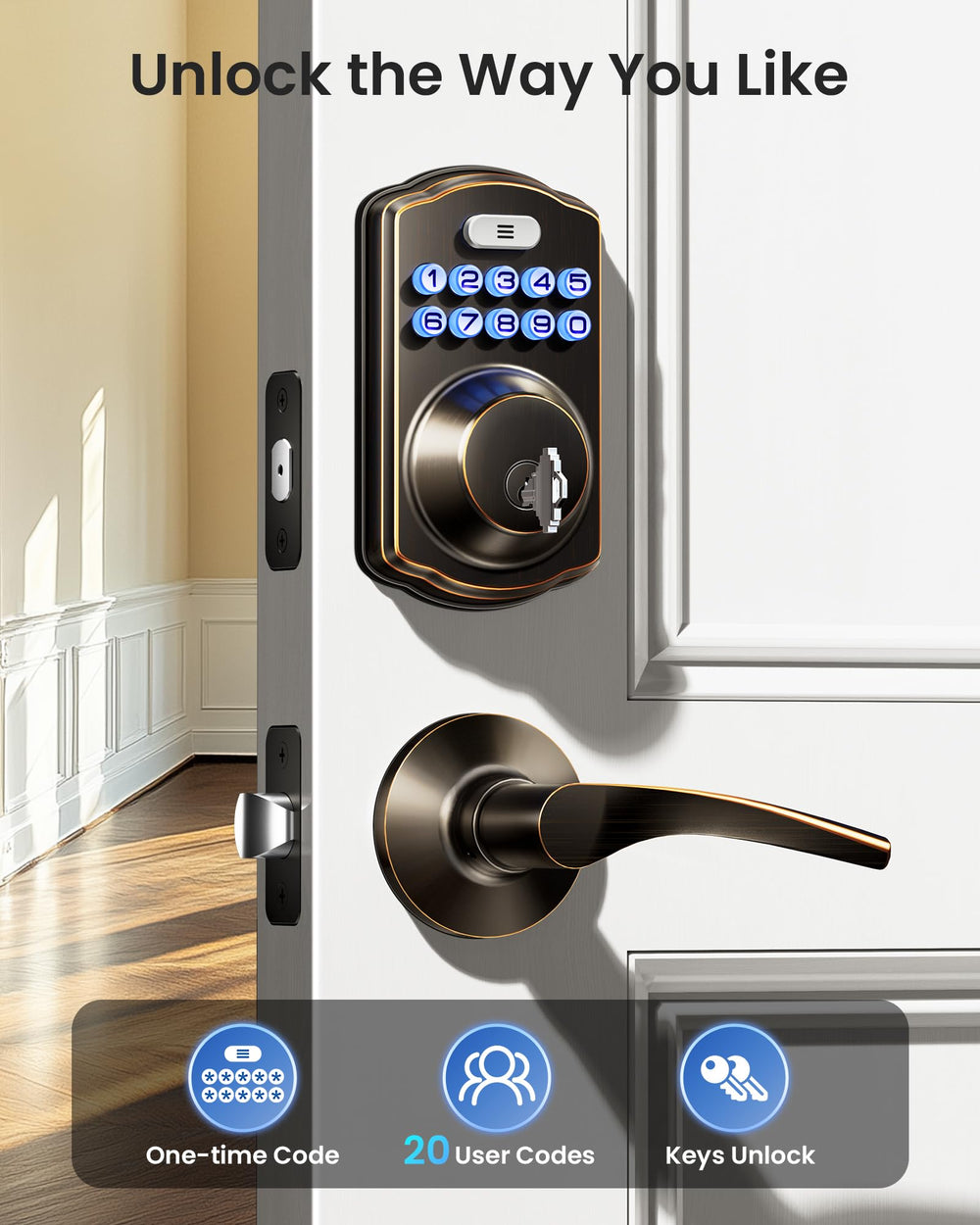 Veise KS01B backlit keypad close-up highlighting easy code entry and low-light visibility benefit