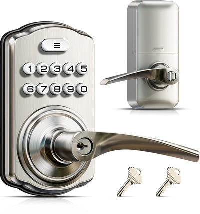 Veise cerradura KS04 frontal mostrando manija satin nickel y aspecto profesional