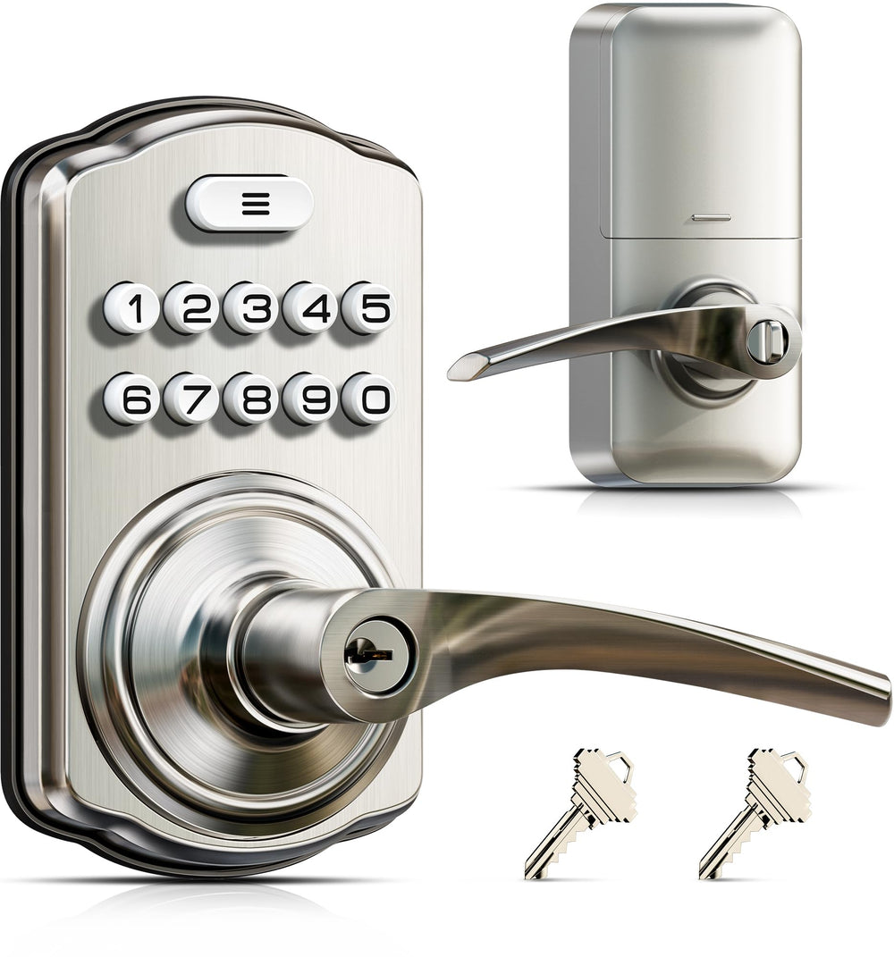 Veise cerradura KS04 frontal mostrando manija satin nickel y aspecto profesional