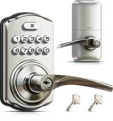 Veise cerradura KS04 frontal mostrando manija satin nickel y aspecto profesional