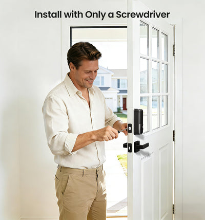 Veise lifestyle entry scene with homeowner using e-key for convenient hands-free access