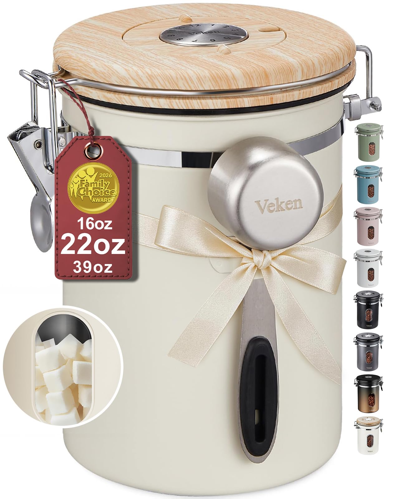 Veken 22oz canister front view showing sleek stainless finish and window benefit