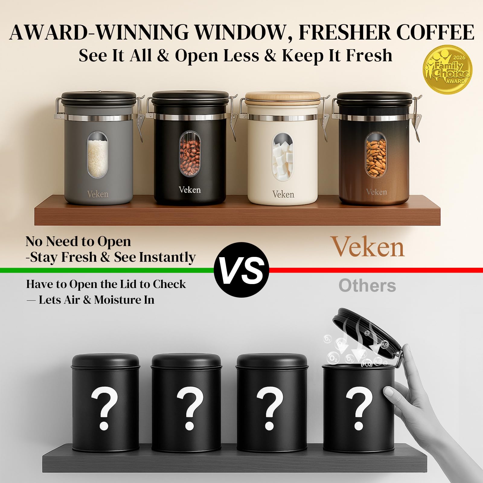 Veken canister clear window revealing remaining beans for quick monitoring